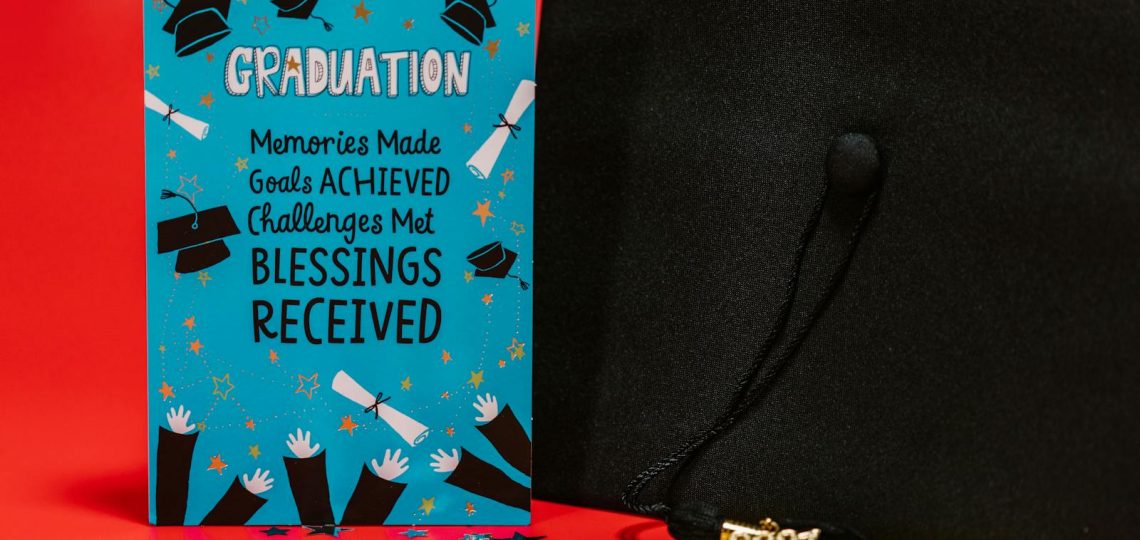 Blue Card with Quote Beside Graduation Cap